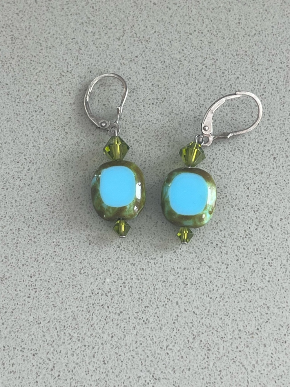 Turquoise and Olive Green Glass Bead Drop Earrings